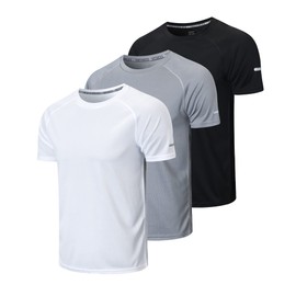 HUAKANG HUAKANG 3 Pack T Shirts Men Breathable Sport Shirts Cool Dry Running Tops Short Sleeve Gym Tops for Men(520 Black Grey White-L)