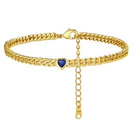 FindChic Cuban Link Chain Anklets for Women Girls with September Birthstone 18K Gold Plated Thick Curb Chain 8.5'' 10.5'' Heart Synthetic Sapphire Ankle Bracelets Foot Jewelry Gifts for Mum Girlfriend