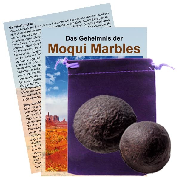 Moqui Marbles Pair of Approximately 4-4.5 cm with Certificate, German Language Booklet The Secret of the Moqui-Marbles and Fabric Pouches.