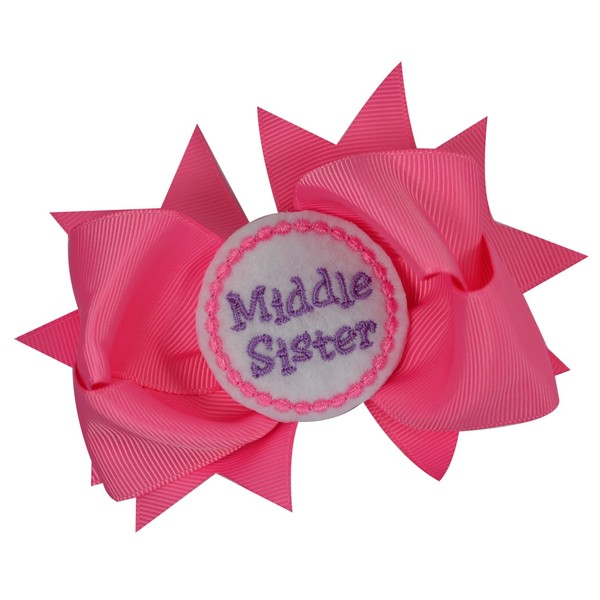 Girls Sister Hair Bow with Embroidered Felt Appliqué - 4.5 Inch Grosgrain (Middle Sister)