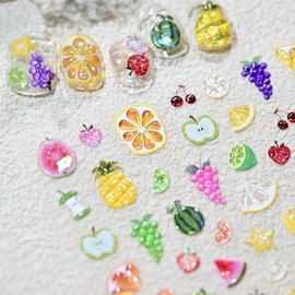 1Sheet 5D Embossed Fruit Nail Sticker Lemon Grape Strawberry Nail Decals Jelly Watermelon Nail Art Stickers Cute Pineapple Apple Cherry Nails Design Nails Accessories for DIY Women Nail Decorations