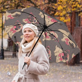 Folding Umbrella Compact Cartoon Pug Dog Travel Umbrella Automatic Open Close Pink Funny Puppy Inverted Umbrella for Rain Windproof Sun Umbrella UV Protection Large Portable Reverse Umbrella for Wome