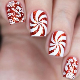Christmas Press on Nails Short Square Fake Nails with Candy Red Glitter Swirl Designs Xmas False Nails Press on Full Cover Stick on Nails Acrylic Glue on Nails Winter Artificial Nails for Women 24 Pcs