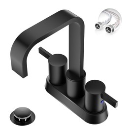 Phiestina Matte Black 4 Inch 2 Handles Centerset Bathroom Sink Faucet,2 or 3 Holes Waterfall Bathroom Faucet with 360 Swivel Spout,Metal Pop-Up Drain and Water Supply Lines, BF040B-1-MB