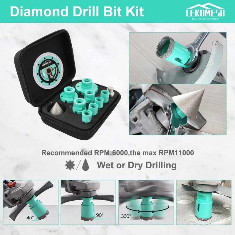 LEKOMESH Tile Hole Saw Kit - (6/8/10/25/35/50/65mm+10mm Finger Bit+50mm Chamfer