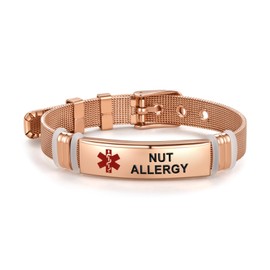 FineryGal Rose Gold Medical Alert Nut Allergy Bracelets for Women Men Dad Adjustable Stainless Steel Health Condition Emergency Bracelets
