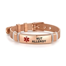 FineryGal Rose Gold Medical Alert Nut Allergy Bracelets for Women Men Dad Adjustable Stainless Steel Health Condition Emergency Bracelets