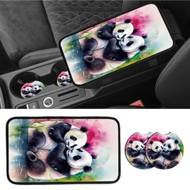 JANENFNA Car Armrest Cover Pads Universal Fashion Cute Auto Center Console Armrest Cover Pad with 2PCS Car Coasters Soft Waterproof Car Armrest Seat Protector for Women Girls, Cute Panda