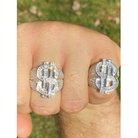 HarlemBling Solid 925 Sterling Silver - Money $ Ring - Iced Flooded Out Baguette Diamond Mens Hip Hop Dollar Sign Ring - Sizes 7-13 (7)