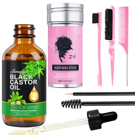 RTBYUE Hair Care Set, Hair Wax Stick + Cold Pressed Unrefined Jamaican Black Castor Oil + Edge Brush, Rat Tail Teasing Combs Set 4Pcs, Wax Stick Hair Wigs Flyaways, Hair Slick Stick for Hair Styling