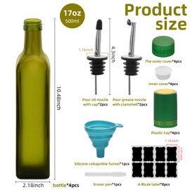 eispap 17oz 4 Pcs Olive Oil Dispenser Bottle,500ml Glass Oil and Vinegar Dispenser Set with 4 Stainless Steel Pourers, 8 Labels,Funnel Oil Bottles for Kitchen (Green)