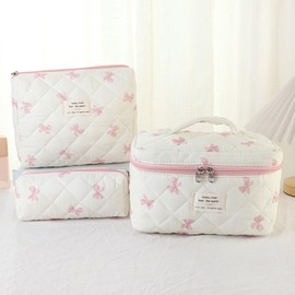 Dkieuyu 3 Pcs Quilted Makeup Bag Set,Coquette Bow Make up Bag,Cute Floral Makeup Bags Large Travel Toiletry Cosmetic Bag Organizer for Women Girls (L-3PCS)