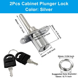 Cjueiom 2Pcs Cabinet Plunger Lock with Key, Furniture Desk Plunger Lock Silver Cupboard Cam Lock, Drawer Plunger Lock for Office Filing Cabinets Wardrobe Display Cabinet, Keyed Different