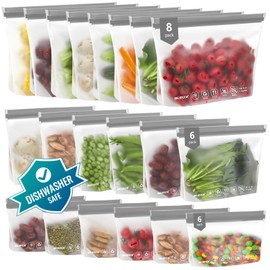 IDEATECH Food Storage Containers, BPA Free PEVA Reusable Gallon Freeezer Bags, Reusable Quart Size Sandwich Bag, Leakproof Baggies for Travel, Lunch, Healthy Food (8Gallon 6Quart 6Snack, Grey)