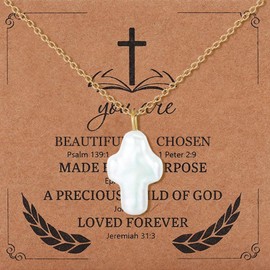 Pearl Cross Necklace Chunky Pearl Necklaces for Women Dainty Gold Cross Pendant Necklace Freshwater Baroque Pearl Necklace Christian Faith Gifts