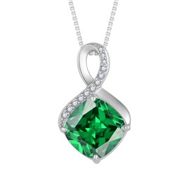 FJ Infinity Chain Women's 925 Sterling Silver Square Princess Cut Necklace Pendant Birthstone Jewellery Gifts for Women, Cubic Zirconia, Emerald