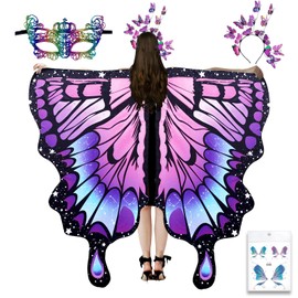 Alas de Mariposa para Mujer, 4 Pcs Juego Disfraz de Halloween para Adultos, Capa de Mariposa con Máscara y Diadema, Alas de Hada