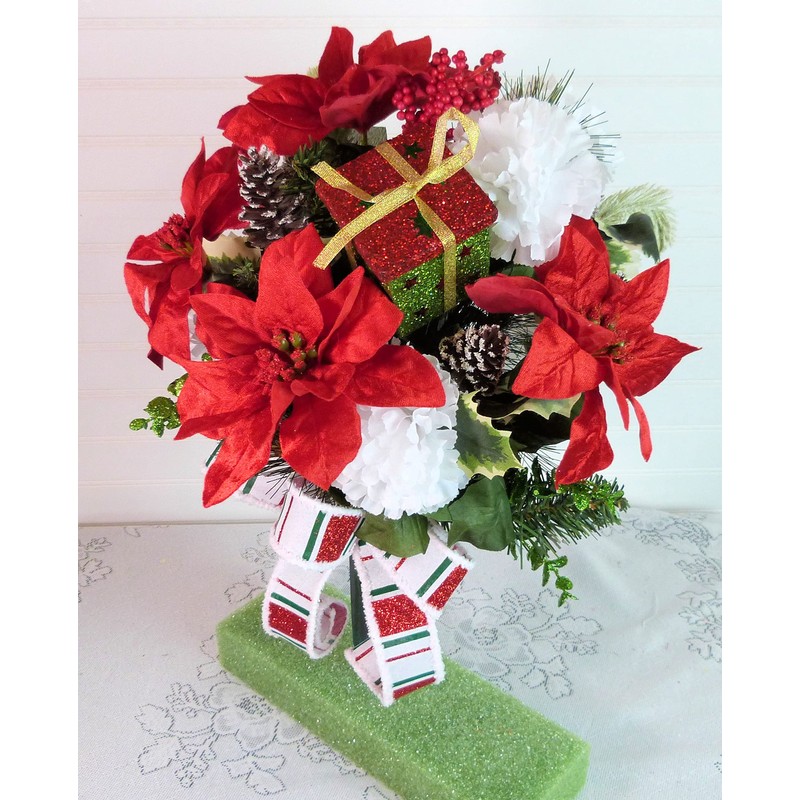 Poinsettia Cemetery Arrangement, Christmas Grave Flowers, Cemetery Flowers Christmas