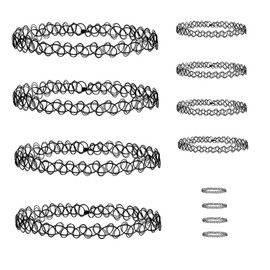 Choker Tattoo Necklace 90s Set, GoldRock 12 Pieces Choker Collar, Elastic Tattoo Necklace, 4 x Gothic Choker, 4 x Black Rings, 4 x Bracelets, 90s Accessories, Gift for Girls and Women, Plastic