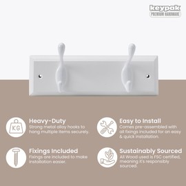 Keypak 2 Hook White Wooden Wall Mounted Coat Rack with 2 White Coat Hooks - Heavy Duty Wooden Board for Coats, Hats, Bags, Tools Space Saving Wall Storage Organiser, Fixings Included