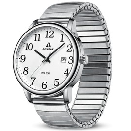LN LENQIN Mens Watches Stainless Steel Analog Quartz Watches for Men Easy Reader 38 mm Fashion Business Waterproof Men's Wrist Watches with Date and Expansion Band (White)