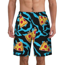 Mens Swim Trunks with Mesh Lining,Cute Pizza Patches on Blue Zebra 9 Inch Quick Dry Board Shorts Bathing Suit Swimsuit Beach Pants Swimwear XL