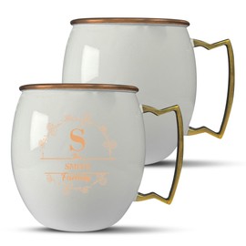 Custom Copper Moscow Mule with Smooth Painted Finish - Engraved Bar Style 100% Copper Cup with Floral Family Initial Monogram ThemedEngraving, Brass Handle | 18 oz, White | Set of 2