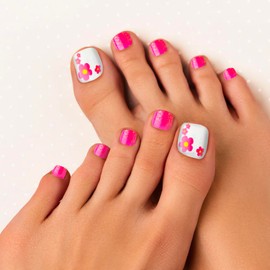 GoldFinger Trendy Press On Fake Toenail Kit Wider Fit, Cute Flower Print & High Pigment Pink Color, Ready to Wear Gel & Manicure Stick, Mini Glue included, Long-Lasting Convenient & Easy to Apply