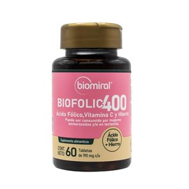 Biomiral Biofolic-400 Multivitamínico Mujer - Ácido Fólico, Vitamina C, Hierro y Proteína de Soya - 60 Tabletas 190 mg c/u - Suplementos Maternidad Y 
