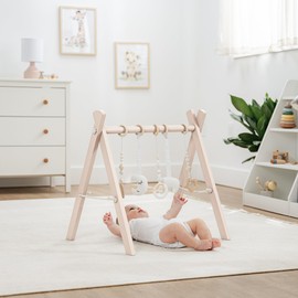 Comfy Cubs Baby Play Gym Set, Wooden Baby Playgym, Interactive Activity Center Hanging Bar with Gym Toys, Foldable for Infants, Newborn Gift for Baby Girl and Boy, Blush