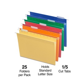 Staples Hanging File Folders, 1/5-Cut Tab, Letter Size, Includes Tabs & Paper Inserts, Perfect for Home, Office, Classroom, 25-Pack, Assorted Colors