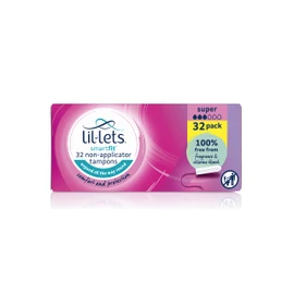 Lil-Lets Non-Applicator Super Tampons, 32 Count (Pack of 1), For Medium to Heavy Flow, 3 Droplets, Plant-Based, SmartFit™ Non-App Tampon