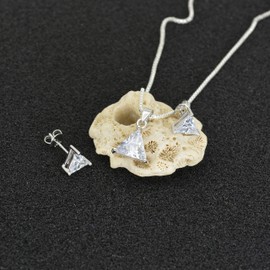 MOLIDAY Triangle Solitaire Pendant Dainty Necklace For Women CZ Stud Earrings Cubic Zirconia Jewelry Set Ladies(Triangle-Silver)