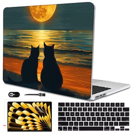 LCMOCICO Compatible with MacBook Air 13.6 inch Case 2024 2023 2022 Release M3 A3113 M2 A2681 with Touch ID, Printed Pattern Plastic Hard Shell Cover for MacBook Air 13.6 M3 Case, Cat Watching Moon