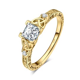 JewelryPalace Vintage Celtic Knot Princess Cut 1.2ct Cubic Zirconia Solitaire Engagement Rings for Women, 14k Yellow Gold Plated 925 Sterling Silver Promise Rings, Simulated Diamond Ring Size 7.5