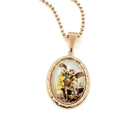 LESLIE BOULES 18K Gold Plated Women's Necklace with Full Color Saint Michael The Archangel Pendant (C-San Miguel Arcangel)