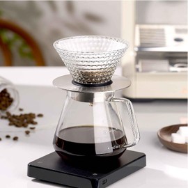 Pour Over Coffee Maker 02 V60 Cone Dripper Reusable Coffee Filter Cup 1-4 Cups 1 Small Hole for Slow Brewing Accessory for Office Home Cafe Restaurant Clear Borosilicate Glass and Stainless Steel