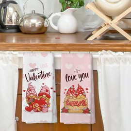XPH Happpy Valentine Heart Gnomes Kitchen Dish Towels Set of 2, Romantic Gnome for Couples, Valentines Day Bath Hand Towels Kitchen Tea Towels Decorations, 16x24inch