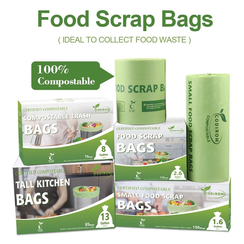 100% Compostable 1.6 Gallon Trash Bags, 6 Liter, 150 Count