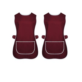 Pack of 2 New Ladies Womens Tabards Apron Kitchen Overall Catering TABBARD Cleaning Pocket (Wine / 2 Pack, 2XL (24-26))