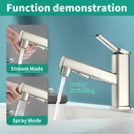 HEROBAI Single Hole Bathroom Faucet, Single Handle Modern Pull Out Bathroom Sink Faucet with 3 Water Flow Modes, Fountain Bathroom Faucets with Sprayer (Brushed Nickel, Regular)