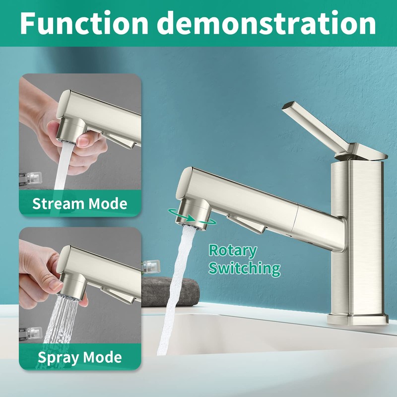 HEROBAI Single Hole Bathroom Faucet, Single Handle Modern Pull Out
