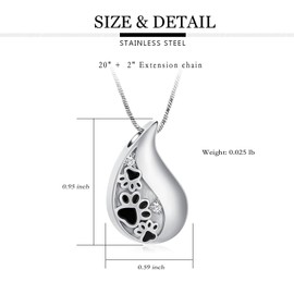 AIWENXI Pet Paw Print Teardrop Urn Necklace for Ashes for Dog/Cat Ash Keepsake Pendant for Cremation Memorial Jewellery for Women/Men, stainless steel