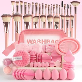 67 Piezas Set de Brochas de Maquillaje Profesional Completo, para Brochas de Maquillaje, Esponjas para Polvos, Cuencos para limpiar y bolsa de maquillaje para maquillaje de ojos y rostro, Regalar para Christmas, Valentine's Day (Rosa)