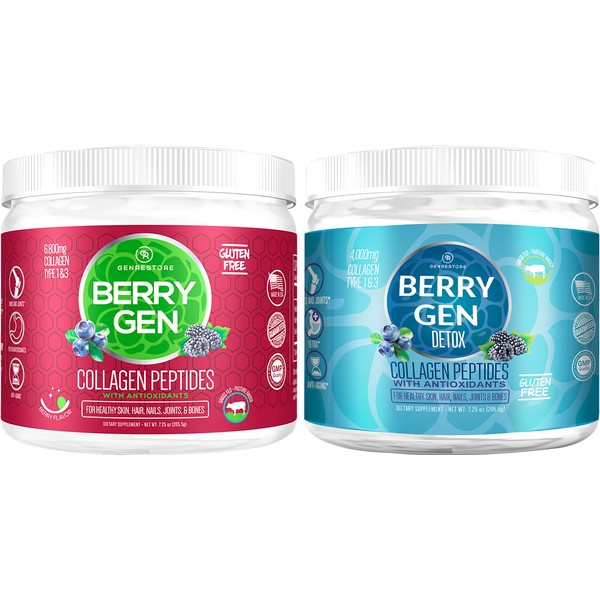 Berry Gen: Restore and Detox Collagen Peptides Powder Bundle - Natural Dual Action Formula - 30 Servings - Supports Hair, Skin, Digestion, Gut and More - Made in The USA