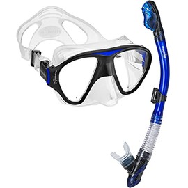 Phantom Aquatics Italian Design Boutique Collection - Tempered Glass Lens Frameless Scuba Snorkeling Dive Mask - Splash Guard Dry Snorkel Set (Signature Blue)