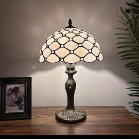 enjoy decor lamps Tiffany Table Lamp White Stained Glass Crystal Beans Included LED Bulb for Living Room Bedroom Bedside 12" W*12" D*19" H