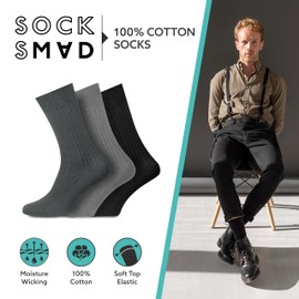 Socksmad 12 Pack Mens 100% Cotton Soft Thin Breathable Ribbed Dress Crew Sock Size UK 11-14 Bigfoot (UK, Numeric, 11, 14, Plus, Tall, Greys)