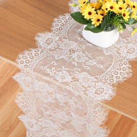 XLIUAX White Lace Table Runner, 14 x 118 Inch Vintage Lace Table Cloth, Embroidered Boho Tables Runner for Rustic Wedding Tables Decorations, Bridal Shower, Baby Shower Party(White)