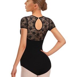 DANSHOW Women Dance Lace Short Sleeve Ballet Leotards(Water-drop Hollow Back)(7037-XL-06)